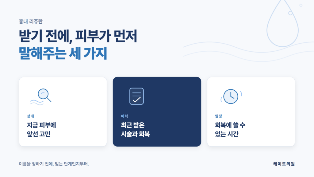 홍대 리쥬란 시술 전 확인할 피부 상태 기준을 설명하는 케이트의원 자료 이미지