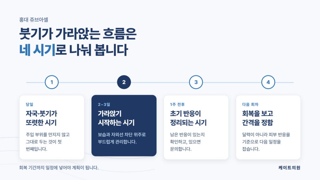 홍대 쥬브아셀 시술 후 붓기와 회복 기간을 시기별로 정리한 케이트의원 자료 이미지