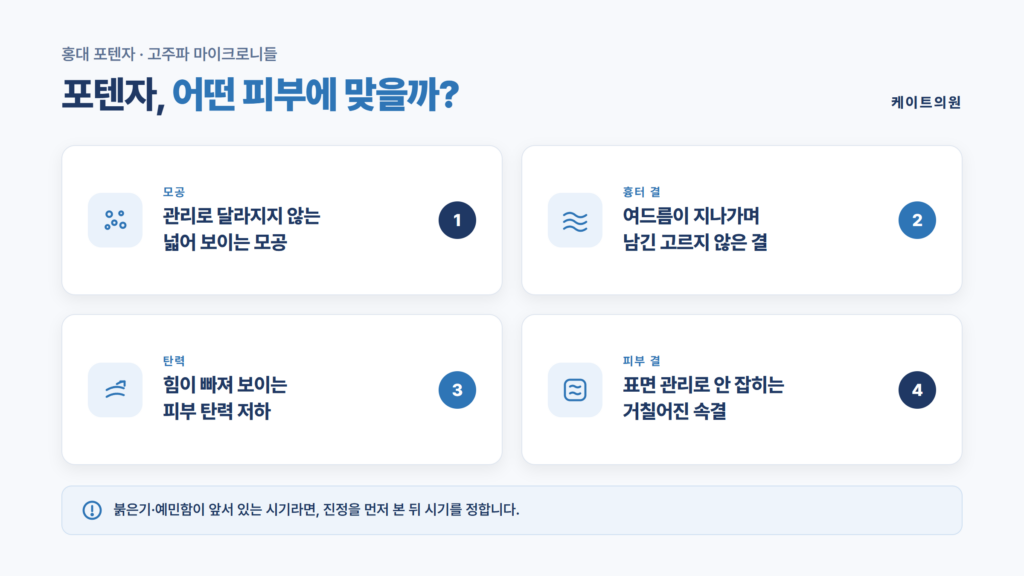 홍대 포텐자가 맞는 피부 고민 네 가지를 정리한 케이트의원 자료 이미지