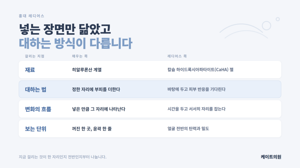 레디어스와 필러가 갈리는 지점을 자리를 채우는 방식과 바탕이 차오르도록 두는 방식으로 나누어 정리한 케이트의원 홍대 자료 이미지